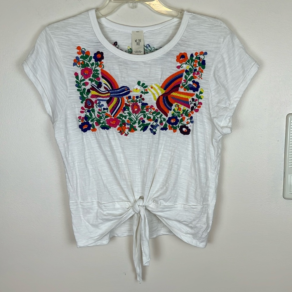 We the Free/Free People Embroidered White Shirt Sleeve Top w/ Front Tie, Size S
